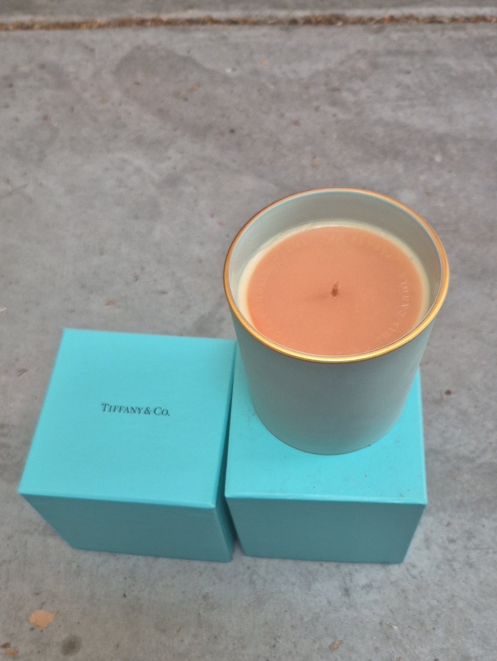 Tiffany & Co. Candle in Tiffany Blue with Gold Trim and Coral Wax